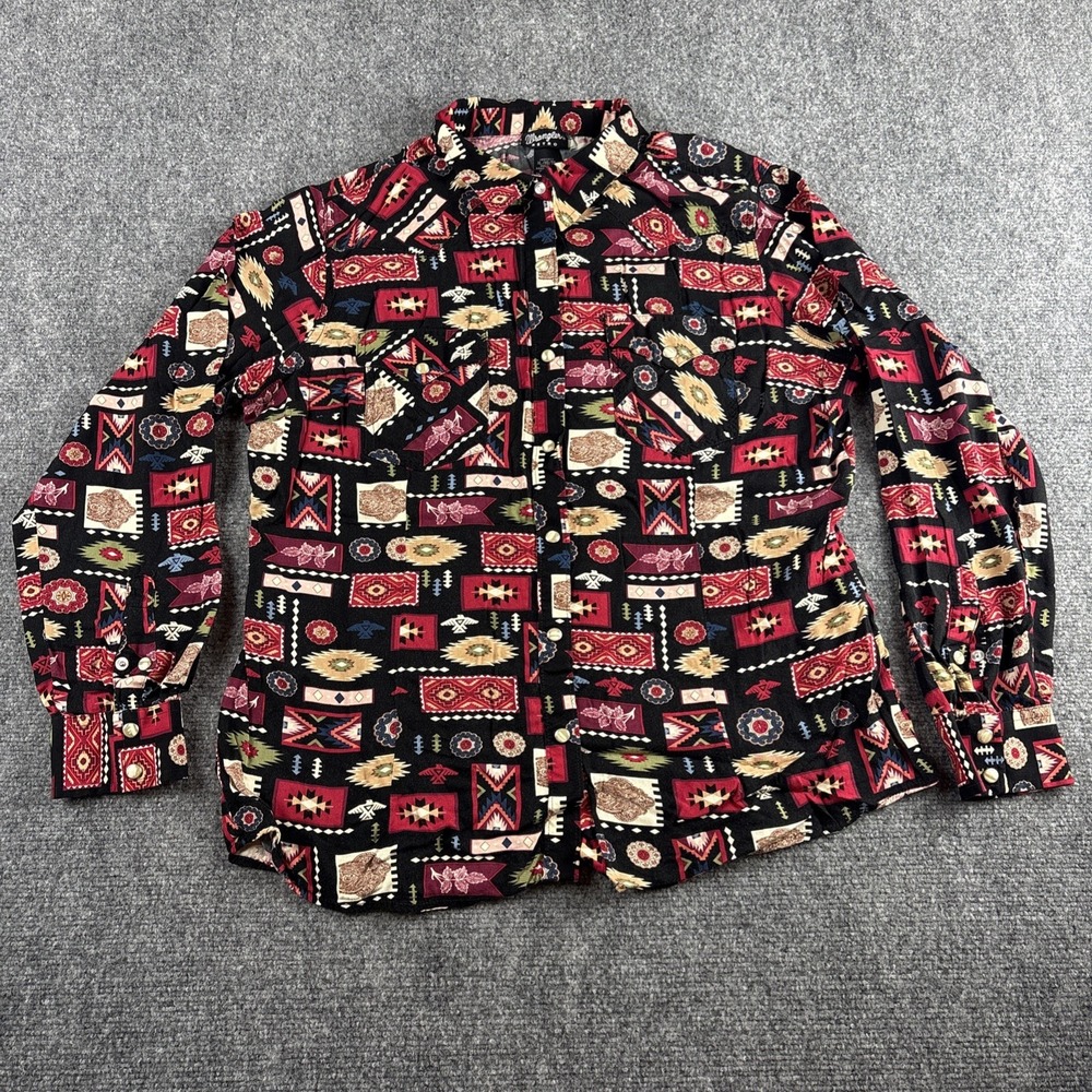 Wrangler Retro Women's XL Southwestern Aztec Pearl Snap Shirt 100% Rayon Black